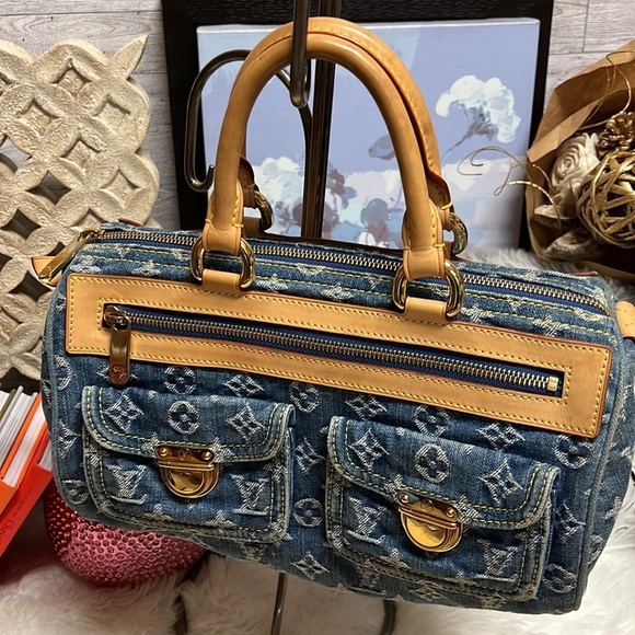 LOUIS VUITTON Speedy Neo Handbag Blue Monogram Denim Satchel - Picture 3 of 13